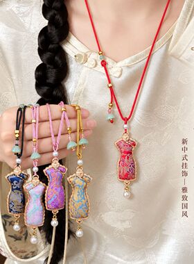 新中式宋锦挂件旗开得胜长款毛衣链轻奢高级感项链轻奢小众女吊坠