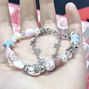 多巴胺原创奶油清新星星手链ins kt猫 小众设计少女闺蜜甜美串珠