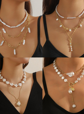 跨境饰品多层珍珠项链夸张欧美2025新款轻奢高级感巴洛克珍珠项链