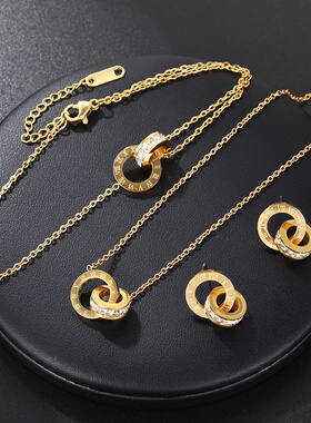 罗马双环项链女钛钢玫瑰金镶钻锁骨链网红潮时尚百搭高级感不掉色