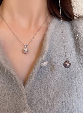 单颗黑色珍珠锆石吊坠项链女秋冬简约小众感锁骨链义乌配饰品