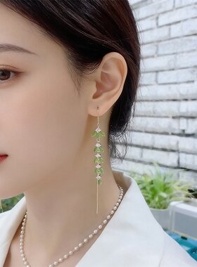 新中式绿叶锆石流苏耳环轻奢高级感森系耳线长款耳钉耳饰跨境饰品