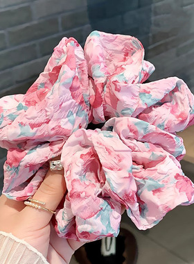 新款法式莫奈花园油画风大号布艺发圈感优雅碎花大肠发圈发饰