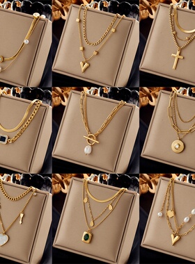 跨境时尚简约设计复古不锈钢多层链条爱心珍珠吊坠女士项链欧美