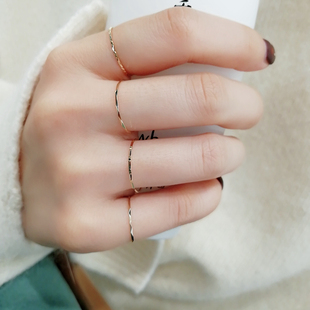 韩国流行纯14K黄金AU585刻花秀气女士彩金满天星细戒指竹节面尾戒