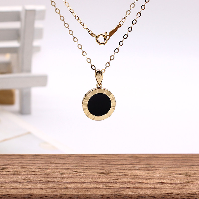 韩国时尚纯14K黄金女士吊坠项链坠黑玛瑙镶嵌彩金项坠毛衣链送女