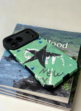 手绘涂鸦绿色星星瞳眼竖条纹iPhone17pro/华为pura80mate70/vivo小米17红米k80/OPPOreno14/VIVOX300保护壳