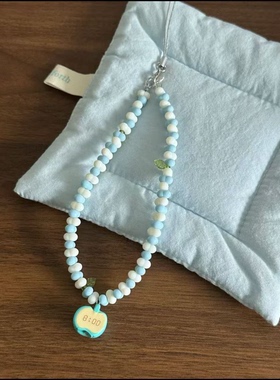 蓝白珠子蓝苹果吊坠挂绳手机链DIY相机链条挂件简约可爱包包挂饰