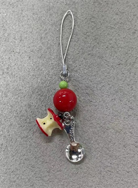 汤匙红苹果手机挂绳可爱少女心包包装饰链钥匙扣耳机新款挂饰
