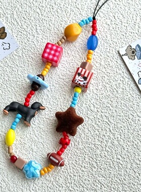 ins卡通腊肠狗相机手机链彩色串珠小众ccd包包挂链可爱防掉挂绳