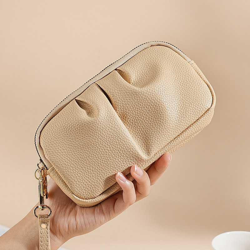 双层长款钱包女士气质褶皱新款手拿包真皮大容量手机包妈妈零钱包