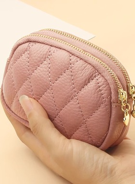 2026新款头层牛皮菱格绣线钥匙环扣硬币包双层拉链真皮小零钱包女