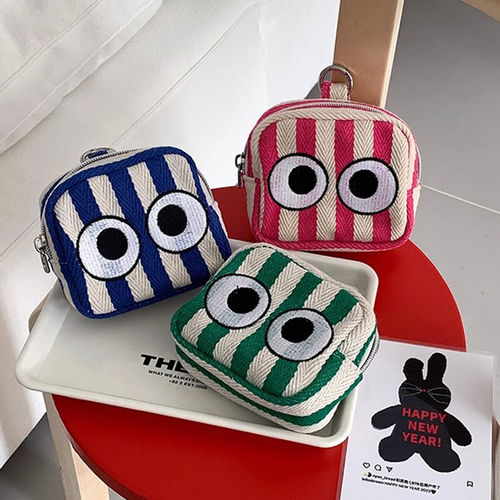 大眼睛条纹化妆包帆布小挂包韩系迷你小众便携收纳耳机口红收纳包