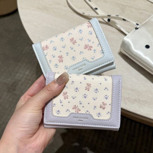 韩系碎花小熊短款钱包女ins风小清新多卡位学生卡包便携折叠钱夹