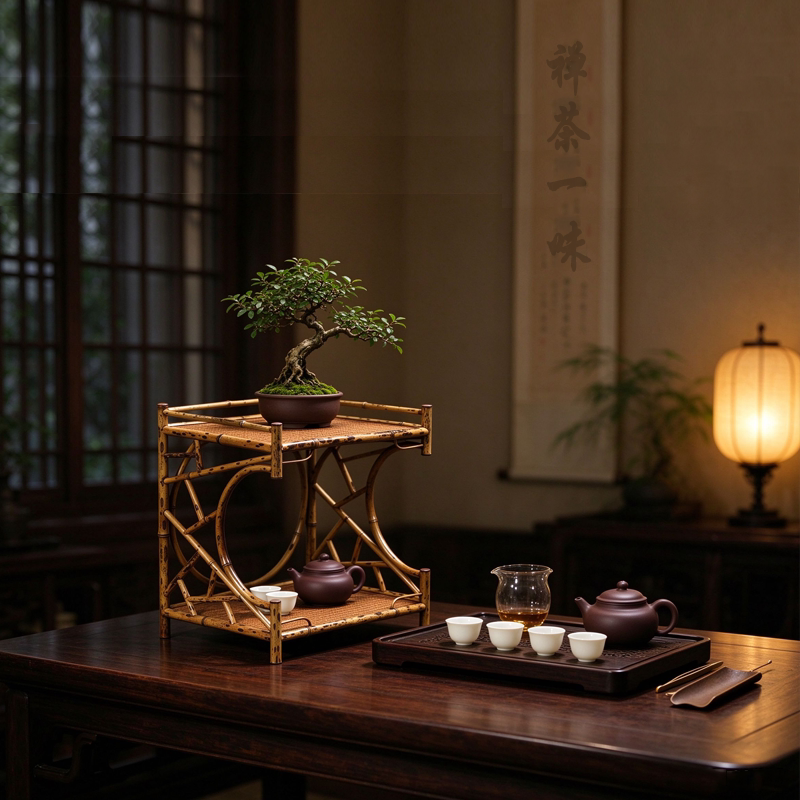 雅物梅鹿竹茶棚双层茶壶茶杯架竹制茶具博古架收纳架子置物架摆件