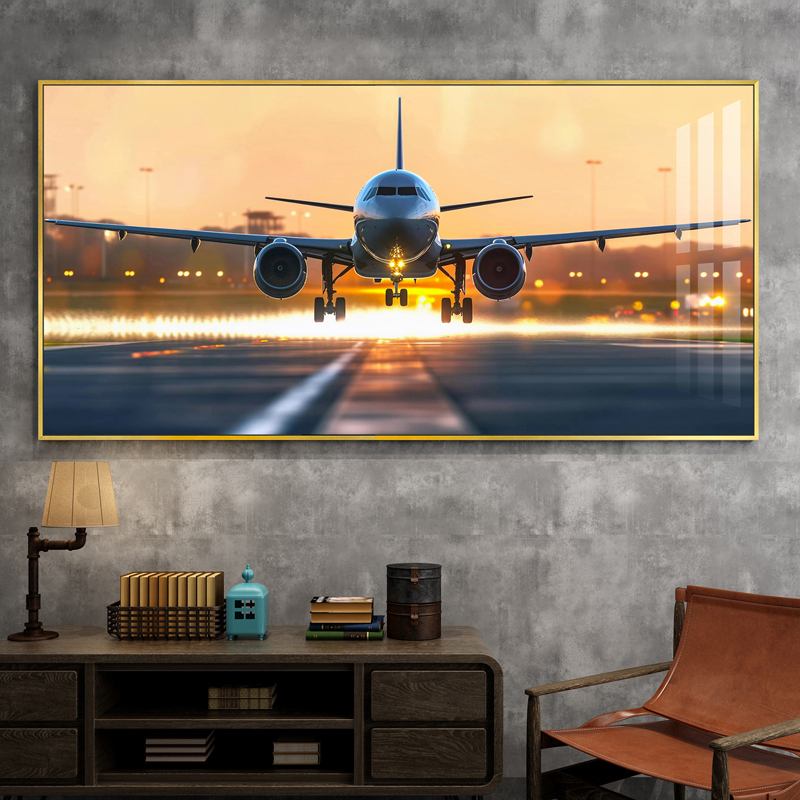 飞机装饰画航天航空公司民航挂画儿童房日落风景办公室书房壁画