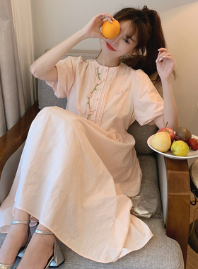 现货！夏季甜美粉色圆领短袖衬衫裙刺绣工艺2351p125k178