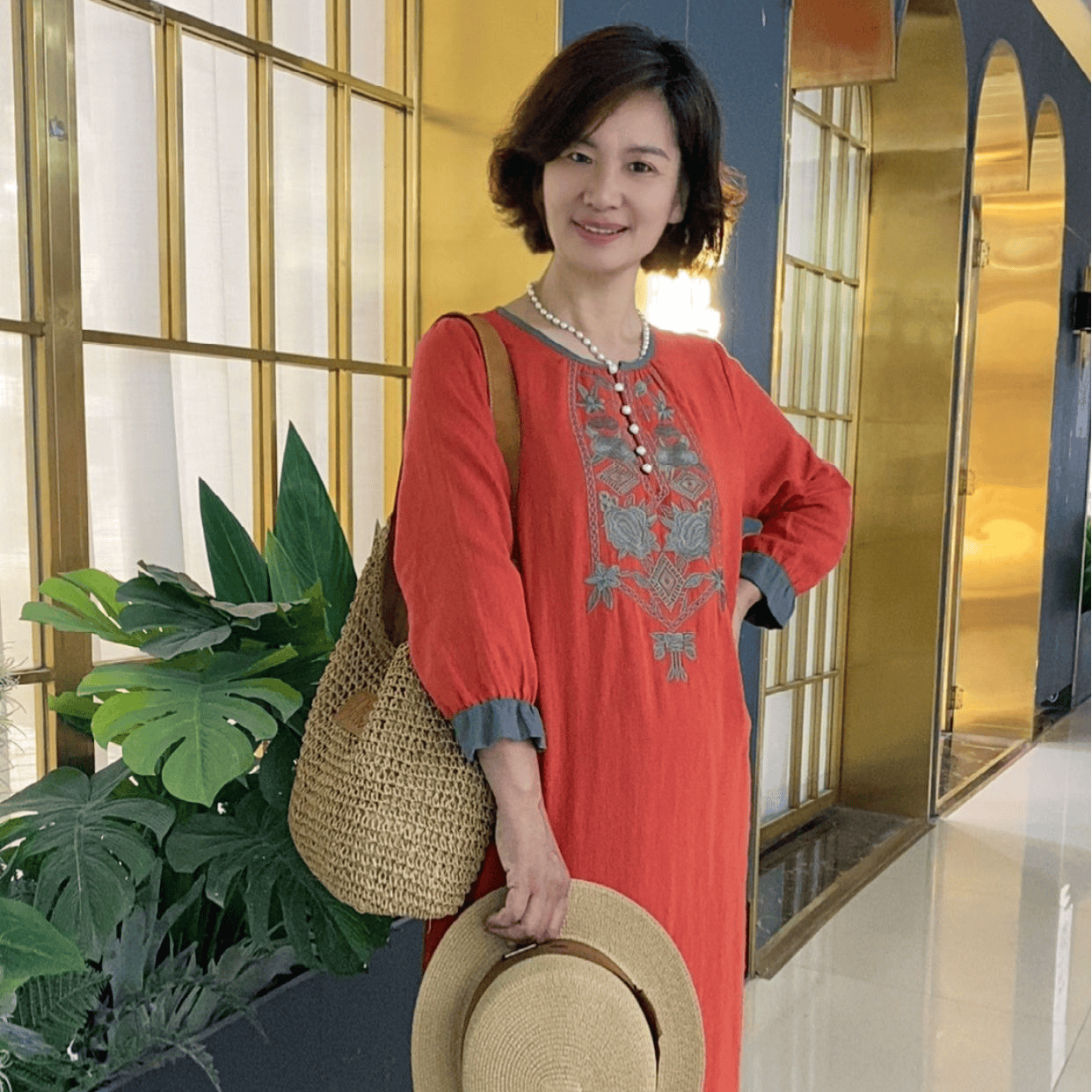 古匠丁香红纯棉刺绣双层纱秋款连睡衣/家居服套装