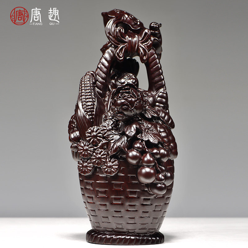 黑檀实木雕刻花篮大丰收摆件实木客厅玄关电视柜装饰红木质工艺品