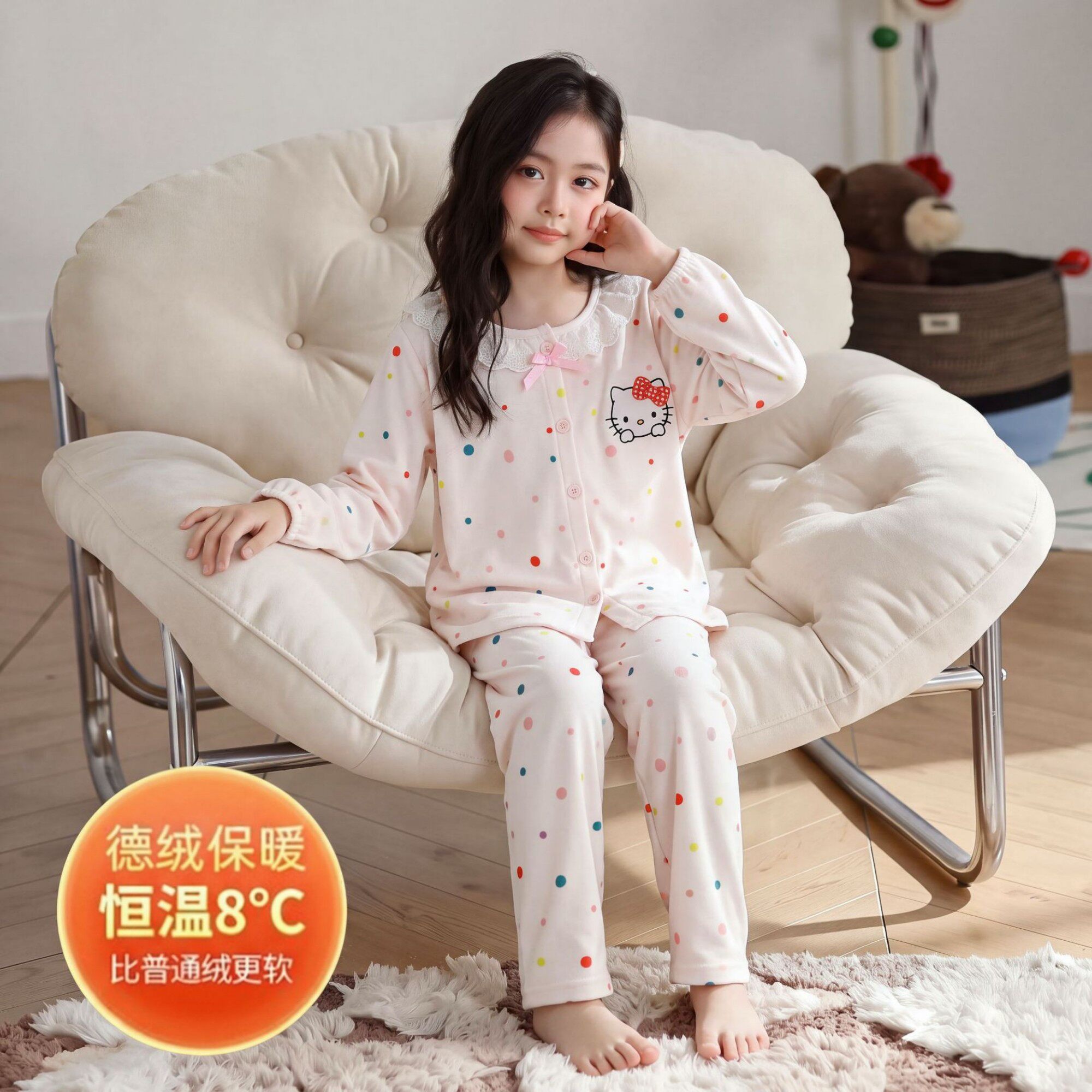 睡衣女孩秋冬款德绒三长裤大码空调服女童冬季加绒天蓝色冬季儿童