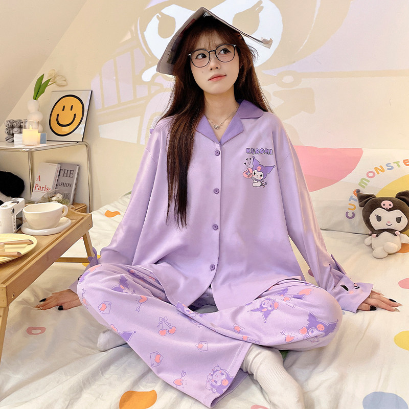 儿童春秋季女童长袖蓝白色睡衣纯棉冬女孩居家十岁至十五岁家居服