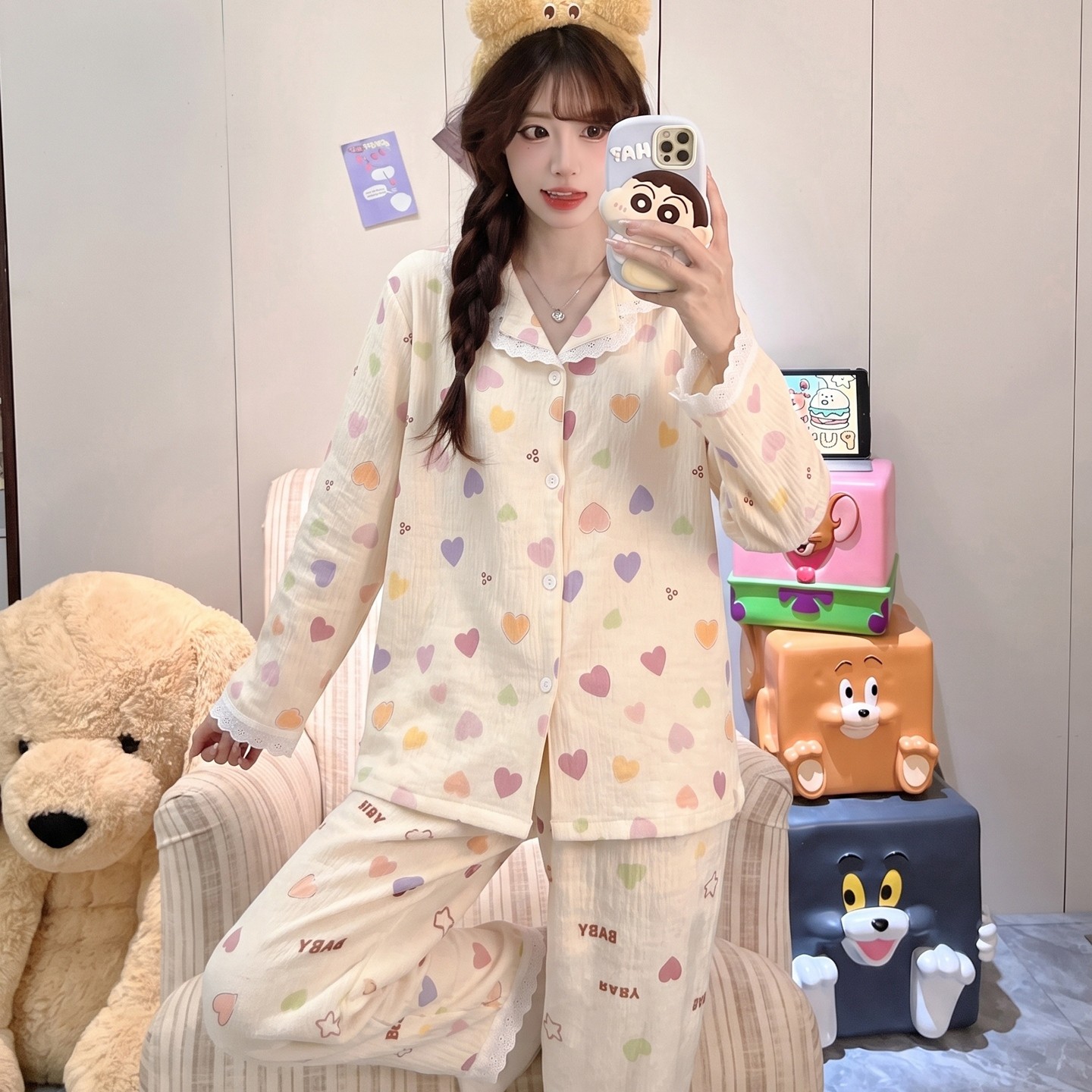 睡衣女款女孩长裤儿童空调服春秋季冬云朵棉桃心长袖薄款大码外穿