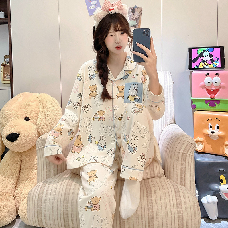 儿童睡衣女童纯棉长袖女孩卡通熊春秋季冬十二六岁春装睡裤家居服