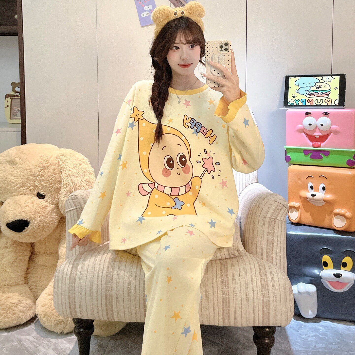 儿童睡衣女孩纯棉长袖春秋季潮女童蓝白色冬天空调服好看的可爱款