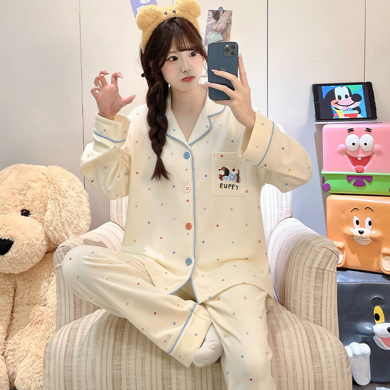 套装两妹妹儿童女孩长袖冬睡衣女童纯棉春秋季圆点动漫图案家居服