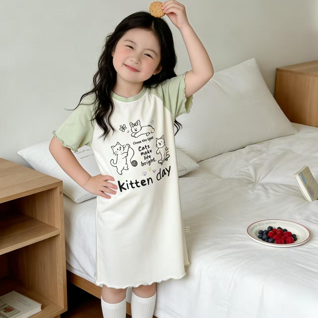 女童睡裙夏季薄款纯棉十岁至十五岁五九岁连身裙睡衣女孩儿童小猫