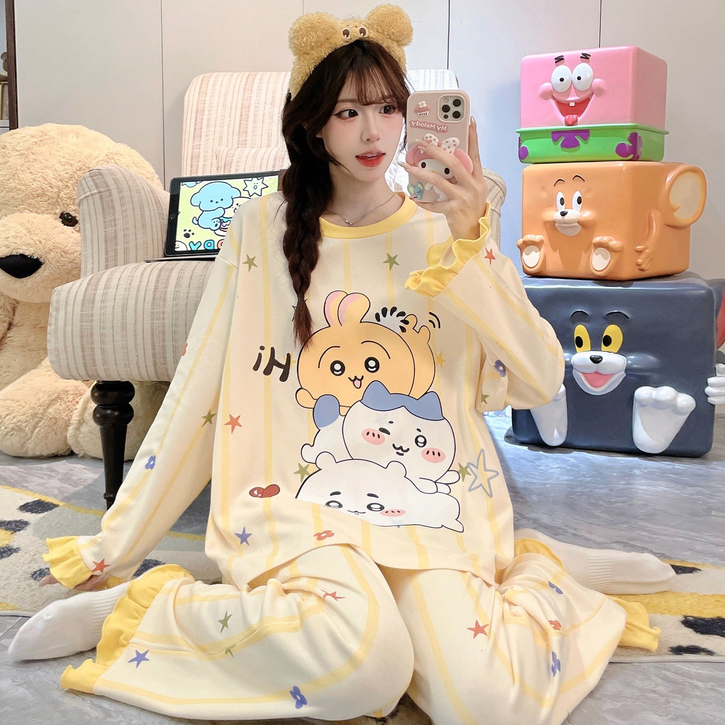 儿童睡衣女孩纯棉长袖春秋季女童冬天小灰猫图案空调服休闲好看的
