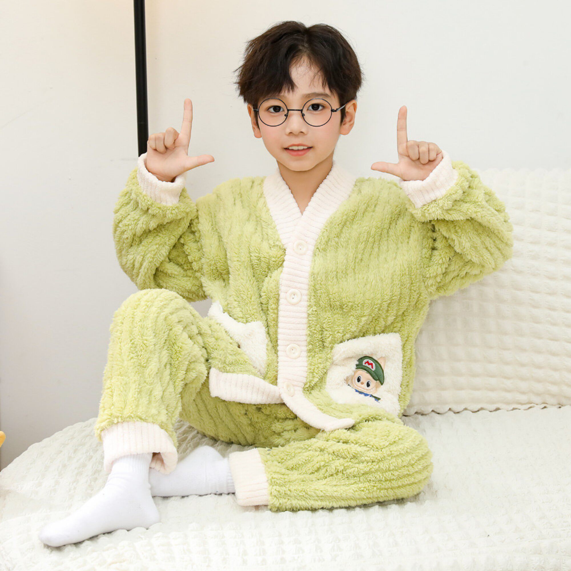 儿童睡衣男童秋冬款加厚男孩法兰绒开衫套装蓝灰色冬季珊瑚绒姐妹