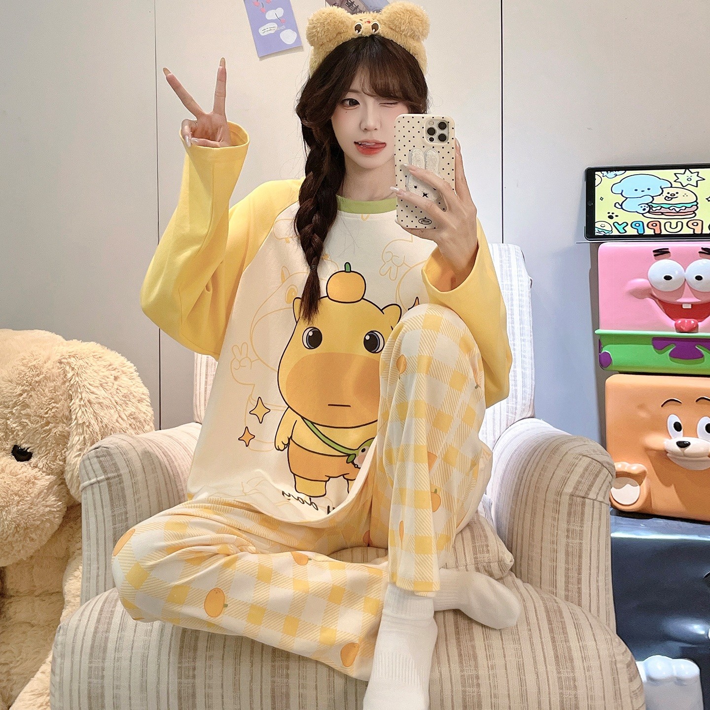 儿童睡衣女孩纯棉长袖春秋季女童冬天动漫空调服青少年少女可爱款