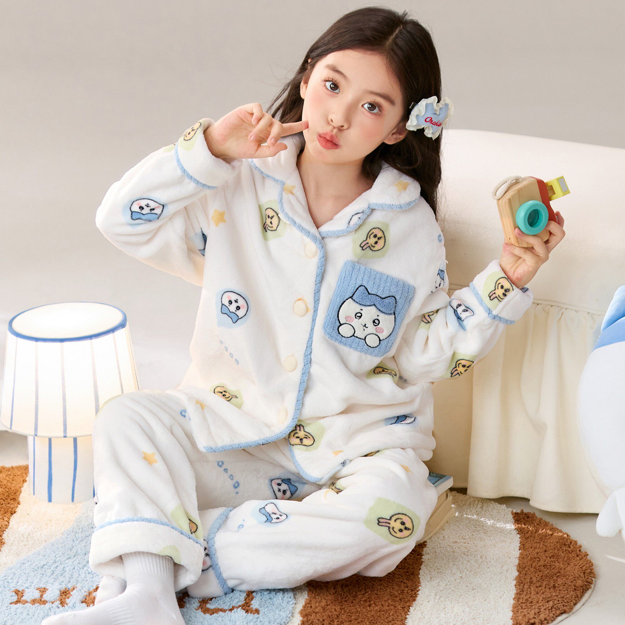 女童开衫秋冬款珊瑚绒加绒加厚九童趣搞怪儿童冬季睡衣卡通动漫八