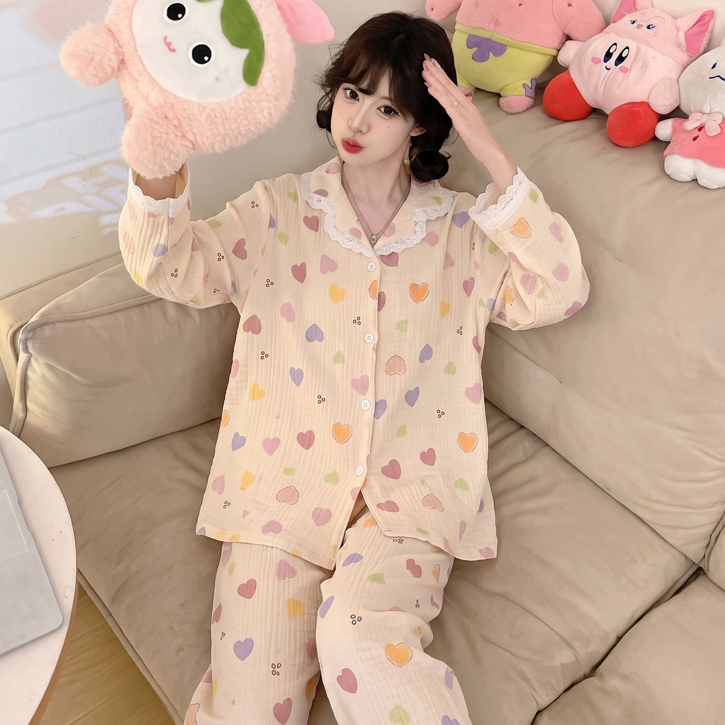 睡衣女款女孩秋外穿儿童冬春秋季长袖空调服云朵棉娃娃领薄款秋装