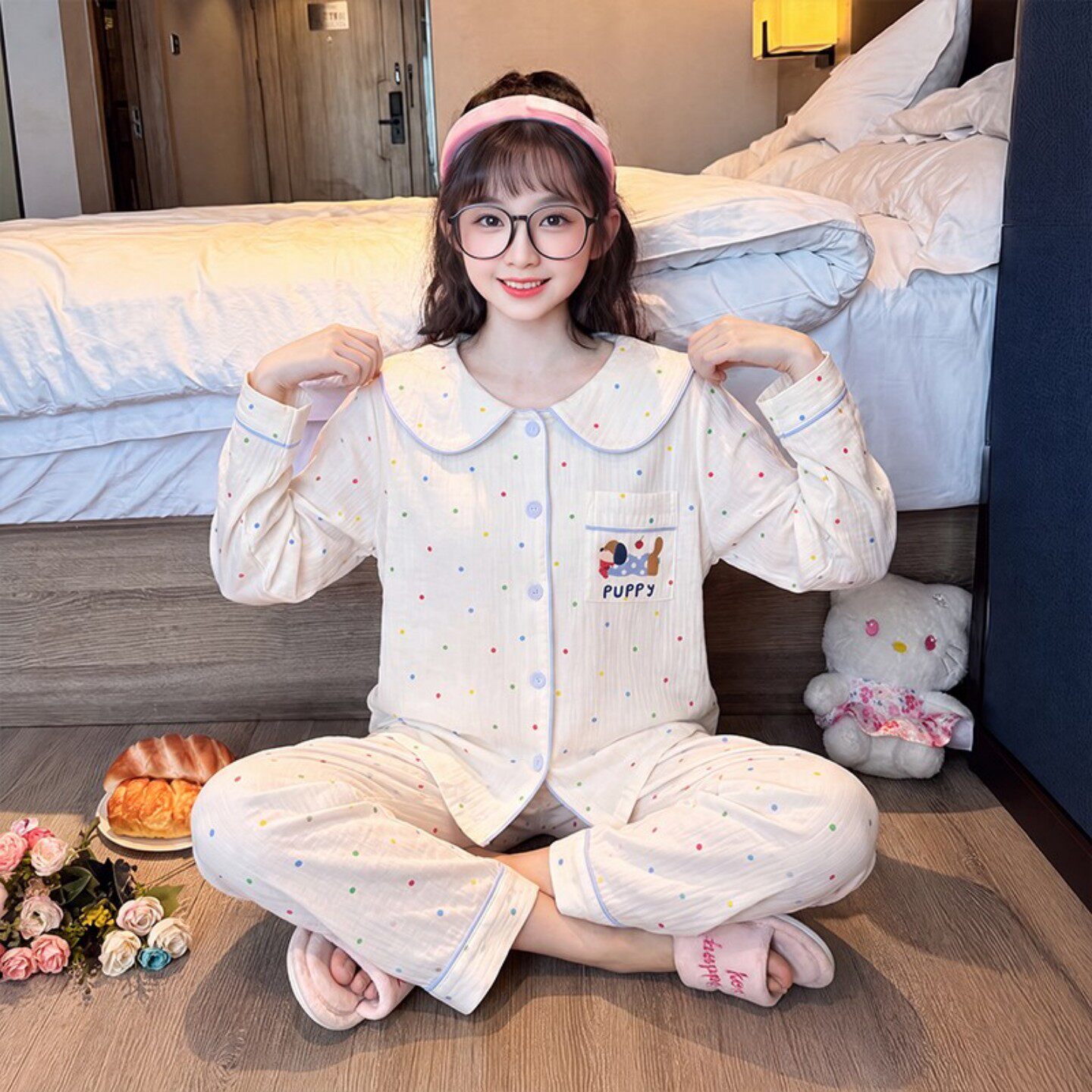 睡衣女孩春秋季长袖云朵棉空调服冬天卡通兔外穿流行长裤新款儿童