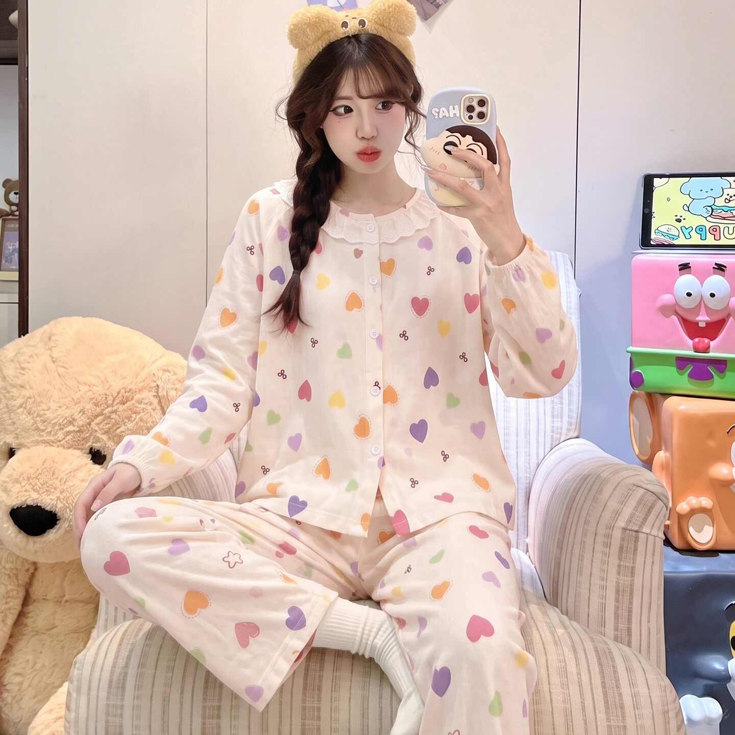 睡衣女款女孩春天儿童空调服长袖花边春秋季薄款冬云朵棉卡通开衫