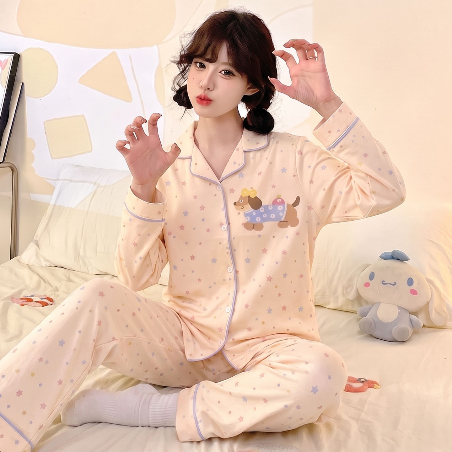 睡衣女款女孩十岁至十五岁儿童云朵棉粉猫长袖空调服薄款冬春秋季