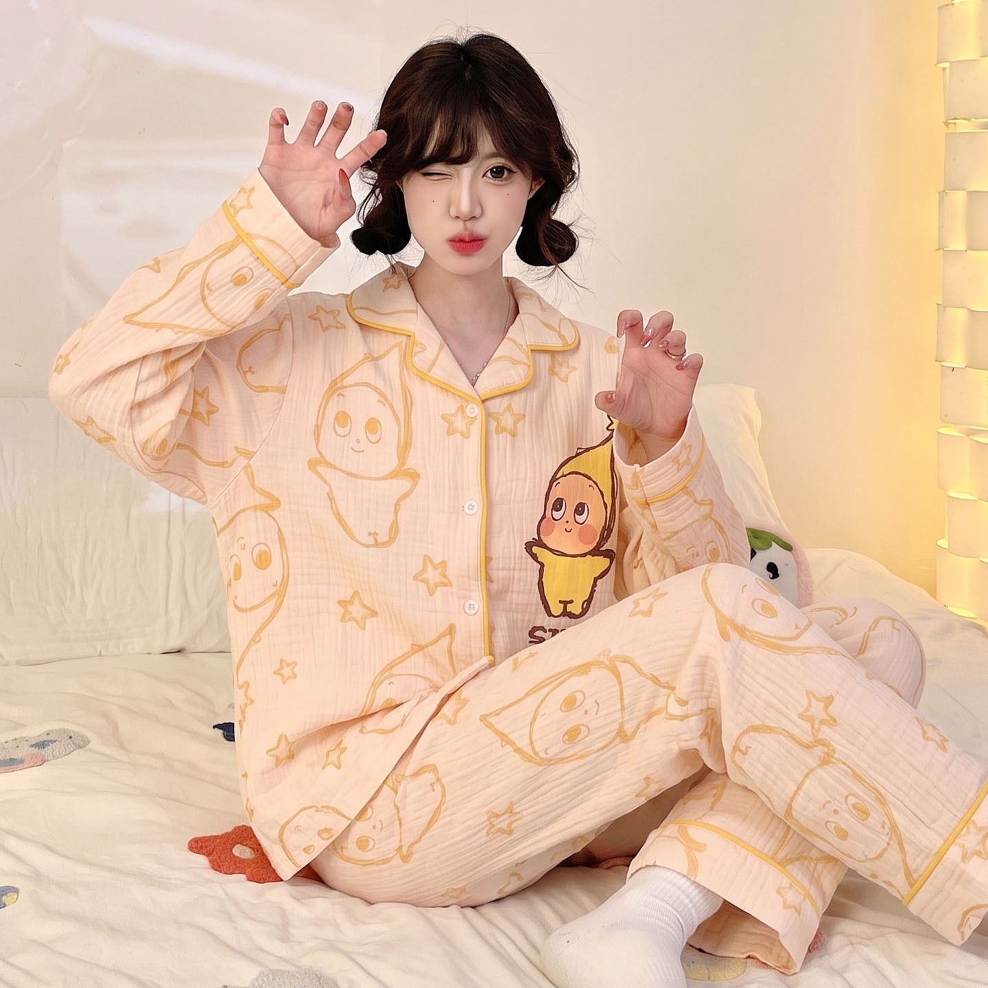 睡衣女款女孩春外穿十二儿童粉猫春秋季云朵棉长袖薄款冬空调服潮