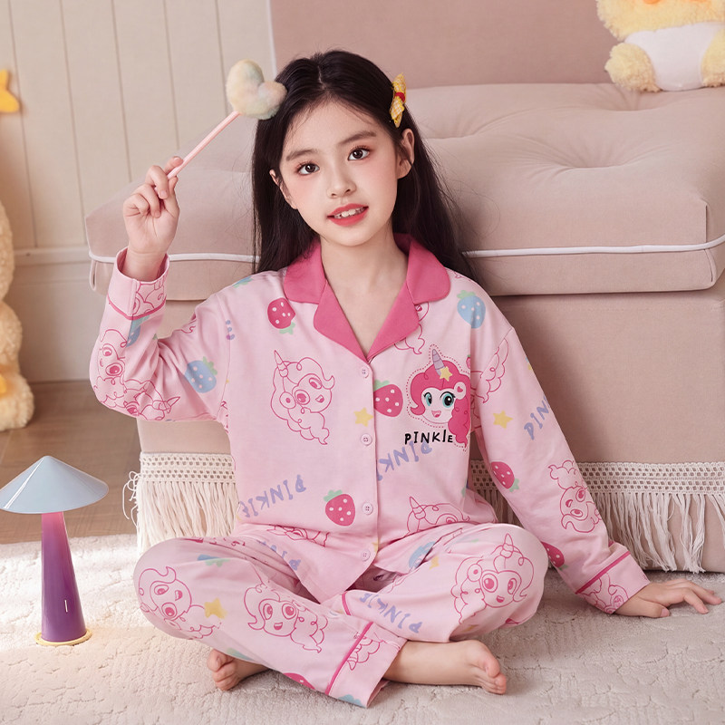 女孩春秋季纯棉长袖初中可爱款冬天女童小狗图案八岁胖童儿童睡衣