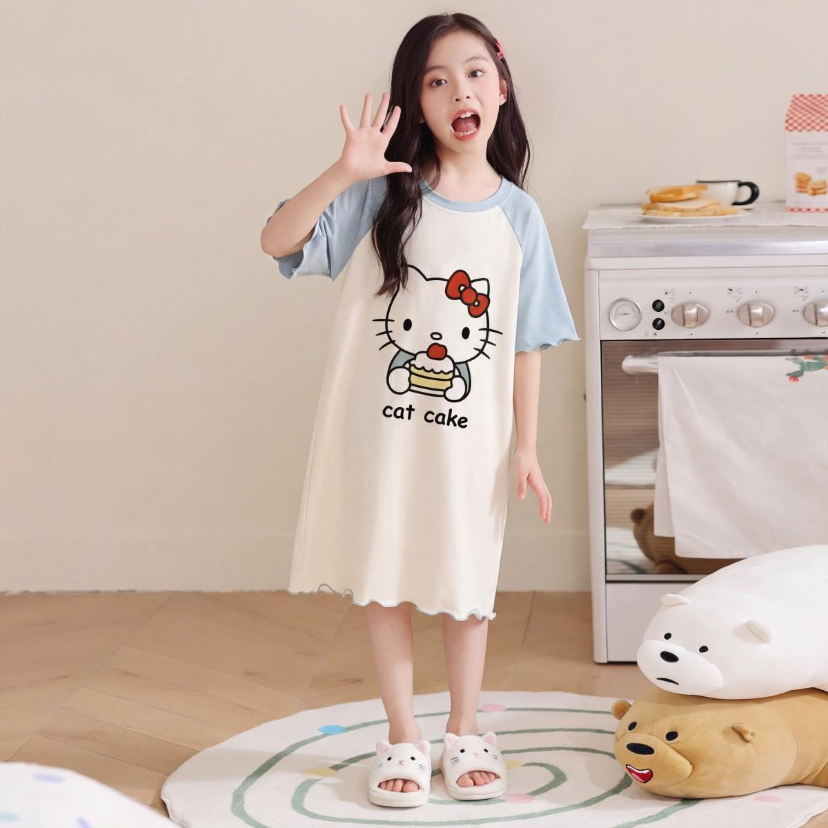 女童睡裙夏季薄款纯棉空调服小孩子十四睡衣小兔子女孩儿童十三岁