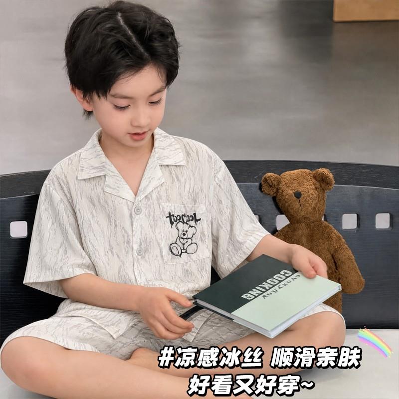 睡衣夏季男孩兄弟男童小猫薄款冰丝儿童五分袖十周岁好看的可爱款