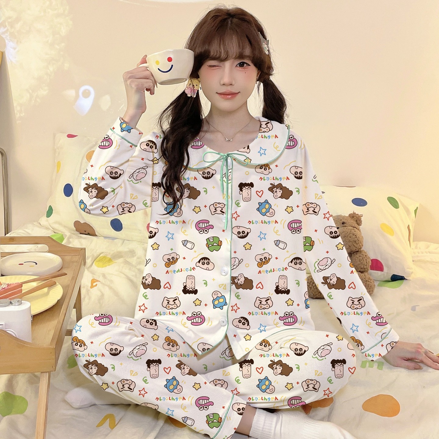 睡衣女款女孩潮春外穿儿童云朵棉长袖薄款粉猫春秋季空调服冬八岁