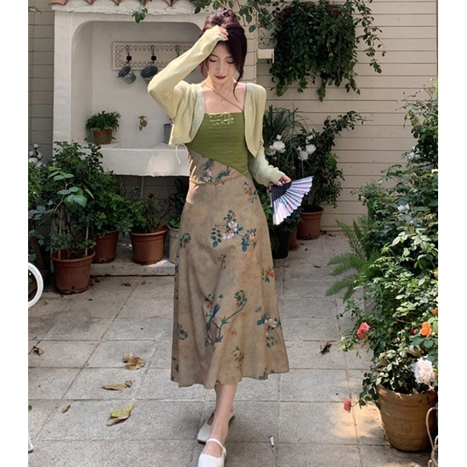 进口新中式国风套装裙复古旗袍改良年轻款汉服吊带连衣裙高级感