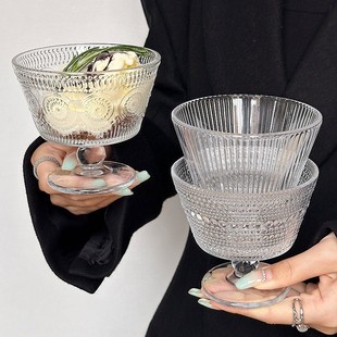 进口ins风竖纹高脚甜品杯玻璃杯冰淇淋杯糖水酸奶杯燕麦早餐碗雪