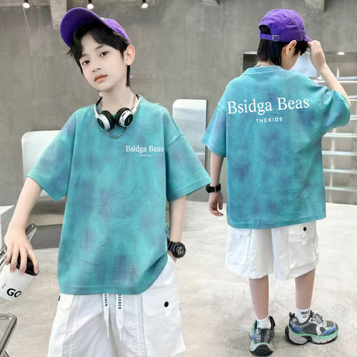 进口棉质扎染印花童装男童短袖t恤夏季儿童宝宝半袖上衣中大童