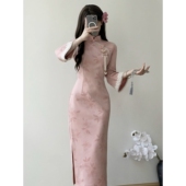 进口粉色麂皮绒淑女范倒大袖 日常 旗袍2025年秋改良新中式 年轻款