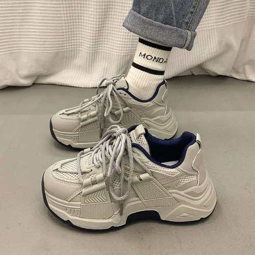 进口女鞋运动鞋2025年春季百搭爆款黑色老爹厚底小个子休闲鞋子