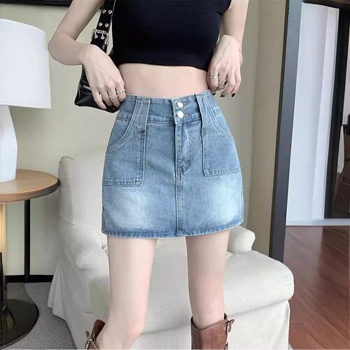 进口山姆复古休闲夏季a字短裙高腰设计感弹力辣妹风女小个子包臀