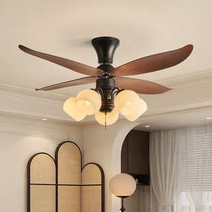 中古风扇灯2025新款复古餐厅卧室灯电扇一体灯法式奶油客厅吊扇灯